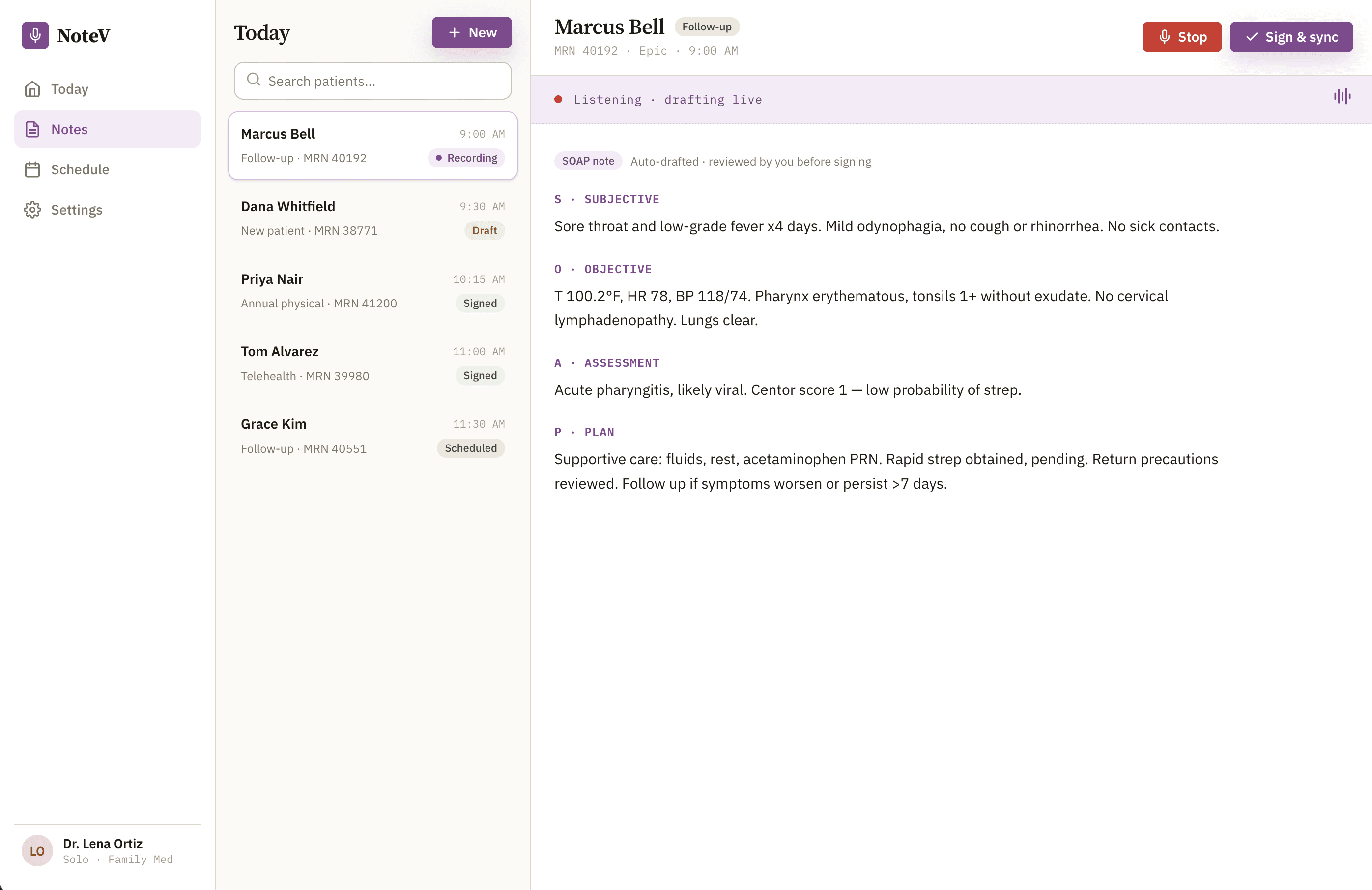 NoteV desktop app showing live SOAP note drafting during a patient encounter
