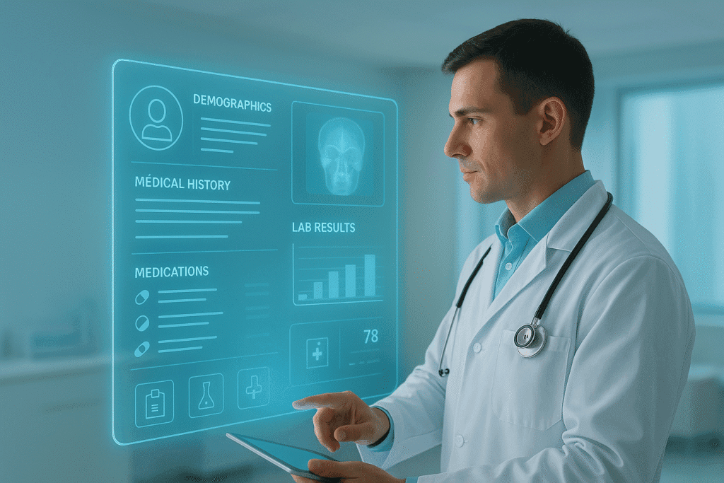 What is an EHR? Physician using an AI-powered holographic electronic health record interface in a modern medical office, reviewing patient demographics, medical history, medications, and lab results.