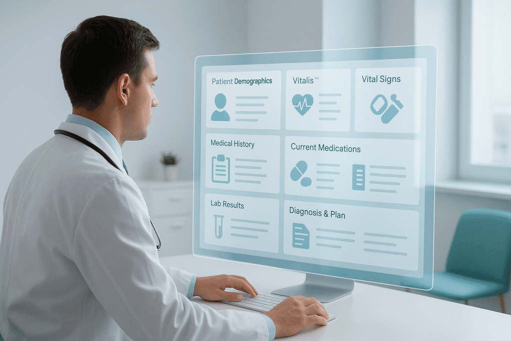 Physician reviewing a structured clinical documentation template on a digital EHR dashboard, showing patient demographics, vitals, medical history, medications, lab results, and SOAP note fields — illustrating modern medical note formats and clinical documentation workflows.