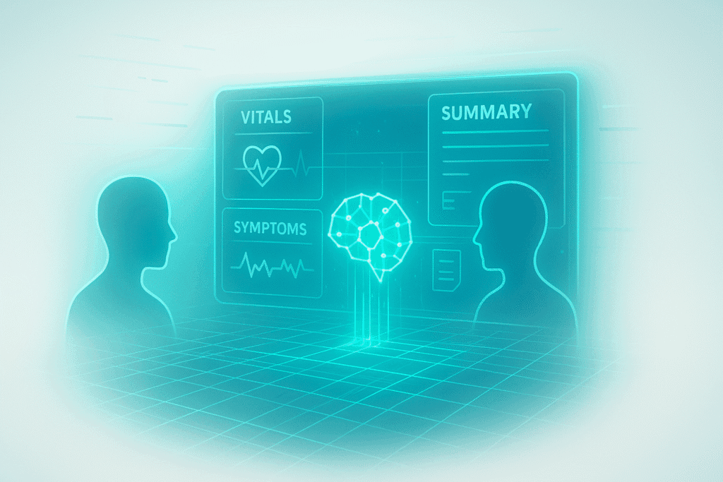 AI-powered telehealth documentation interface showing holographic medical note templates, virtual visit summaries, and digital patient data panels in a modern blue-teal healthcare theme.
