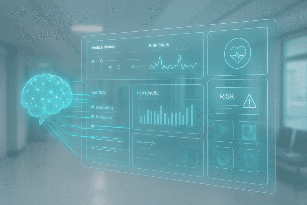 Futuristic AI-enabled EHR dashboard showing patient health records, vitals, lab results, medications and predictive analytics in a modern medical-tech interface with glowing teal and blue highlights.