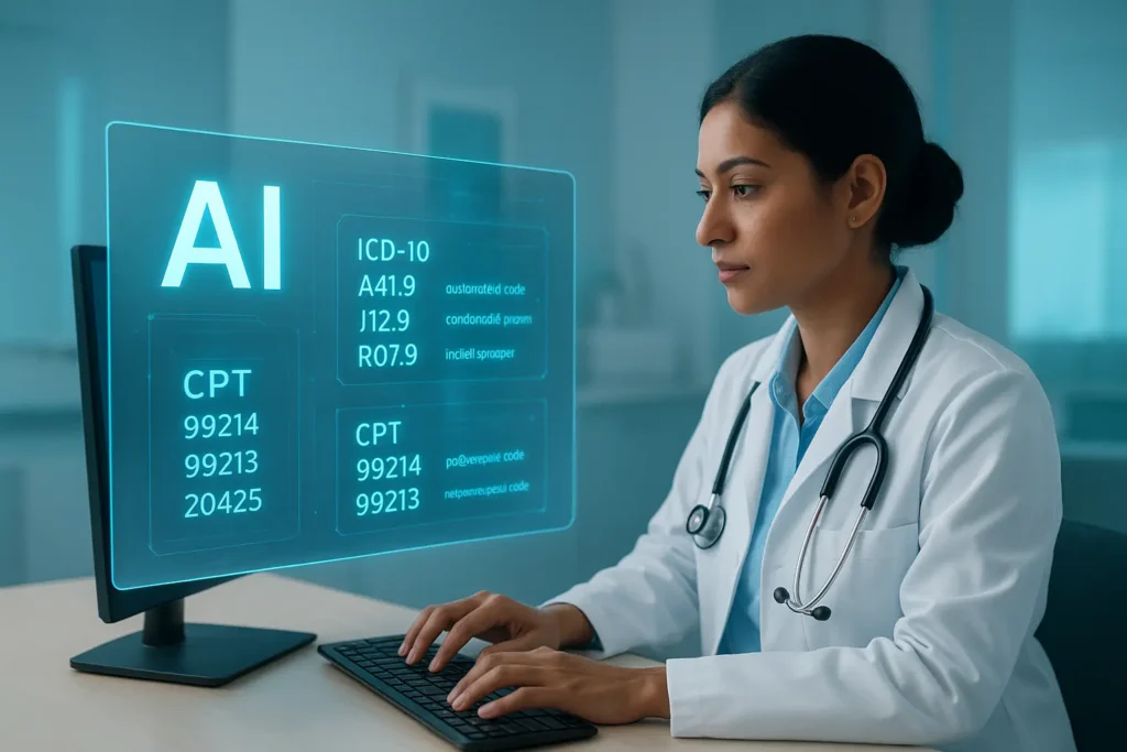 AI medical coding software displaying automated billing code suggestions on physician's screen in modern healthcare setting